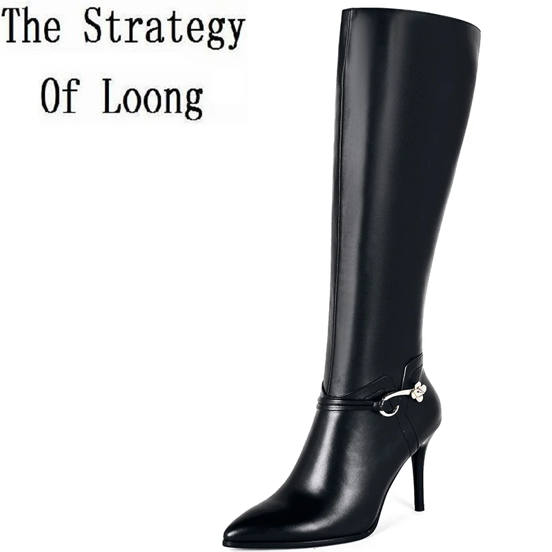 Женские сапоги до колена из кожи с натуральным лицевым покрытием на тонком