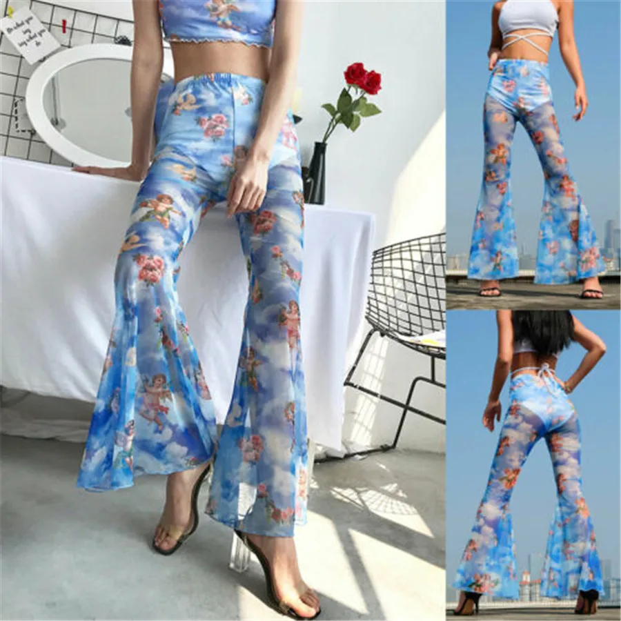 Женские сексуальные прозрачные сетчатые брюки с цветочным принтом пляжные