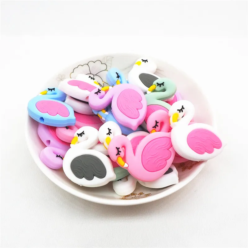 Chenkai 50PCS Silicone Flamingo Teether Beads DIY Baby Animal Chewing Pacifier Dummy Sensory Jewelry Toy Making Bird Beads