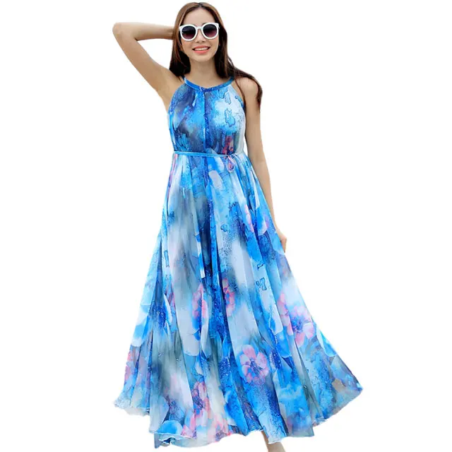Blue Floral Летнее цветочное длинное шифоновое платье макси платье больших размеров знаменитостей/выпускных/вечерних платьев пляжное легкое платье для подружки невесты - Цвет: Blue Floral