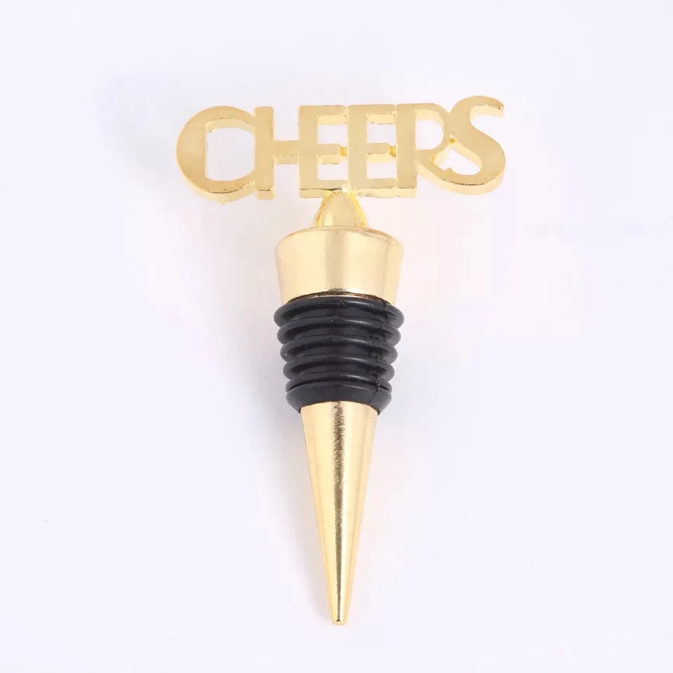 

50pcs lot gold cheer desgin wine bottle stopper wedding return anniversary giveaways birthday favors party gifts for guests