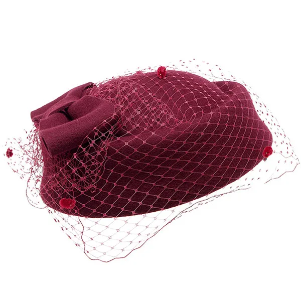 Multi Fascinator Hats for Women Fedora Hats Black Red Autumn Winter Veil Wool Felt Pillbox Hat for Formal Cocktail Party Wedding Hat - Color: Multi