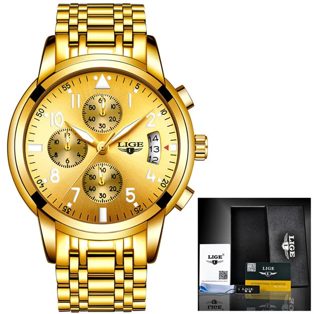 All yellow S Relogio Masculino, мужские часы, водонепроницаемые, кварцевые, бизнес часы, LIGE, Лидирующий бренд, Роскошные, мужские, повседневные, спортивные часы, мужские, Relojes Hombre - Цвет: All yellow S