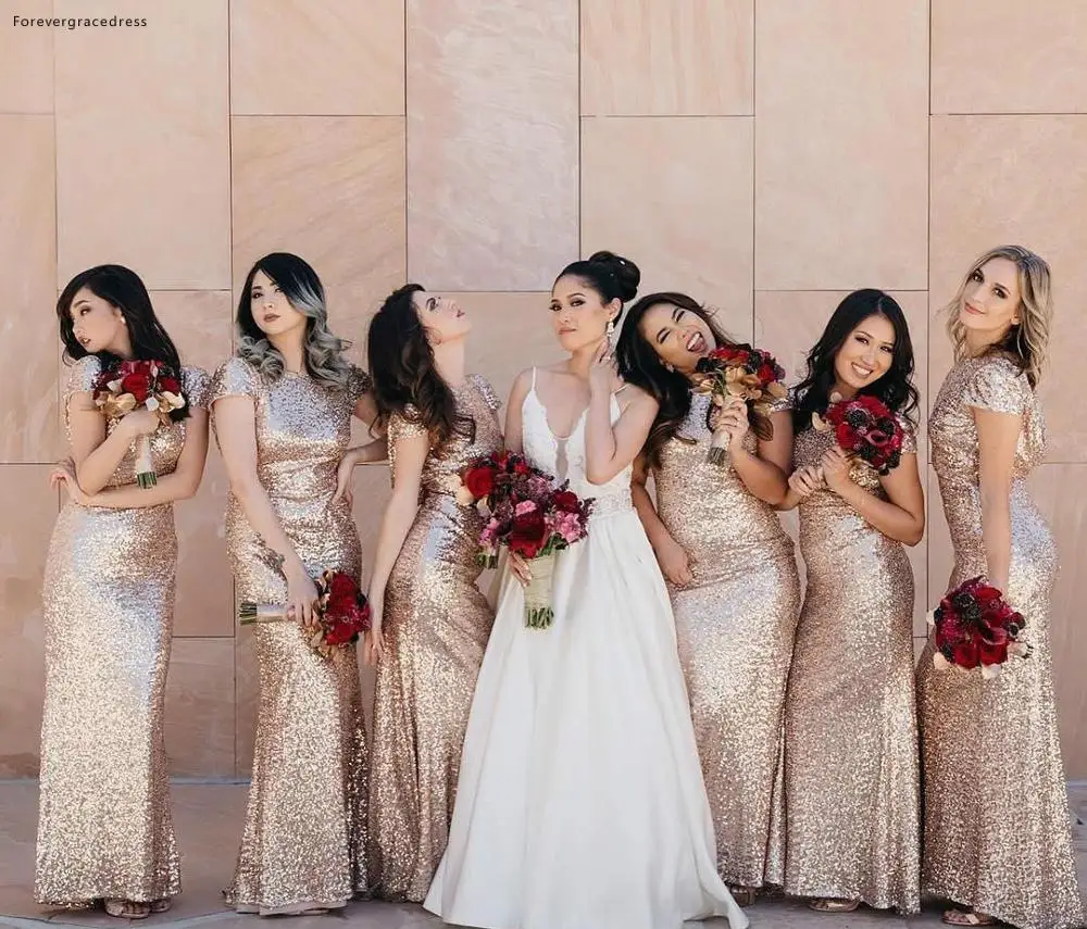 Русалка с короткими рукавами платья подружки невесты 2019 Новые розовое золото