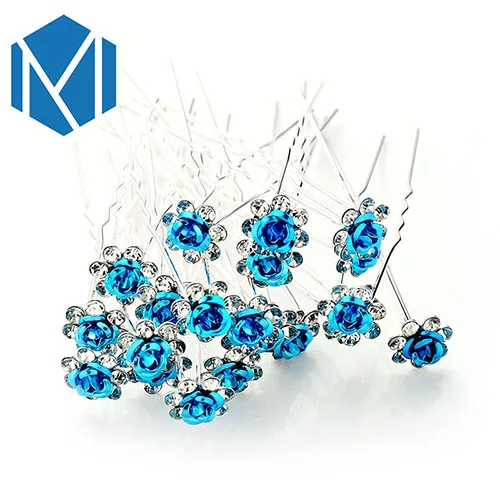 Sky blue M MISM 20 PCS Bridal Rhinestone Exquisite Rose Flower Hair Pins Girls Wedding Shiny Crystal Bun Maker Tools Hair Accessories - Окраска металла: Sky blue