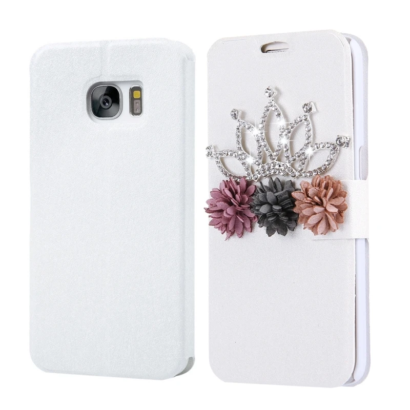 Fevelove for Samsung Galaxy S5 S6 S7 Diamond Bling Crown Flower Pattern Horizontal Leather Case with Magnetic Buckle&ampCard Slots |