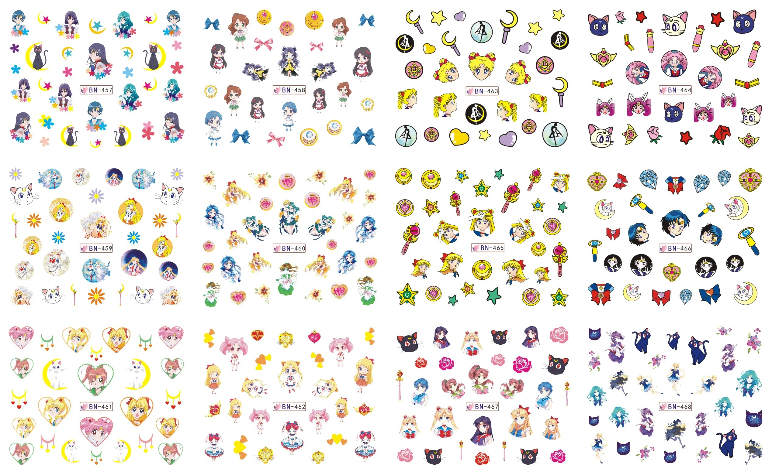 

12 Sheets/Lot Nail BN457-468 Cartoon Sailor Moon Nail Art Water Sticker Decal For Nail Water (12 DESIGNS IN 1)