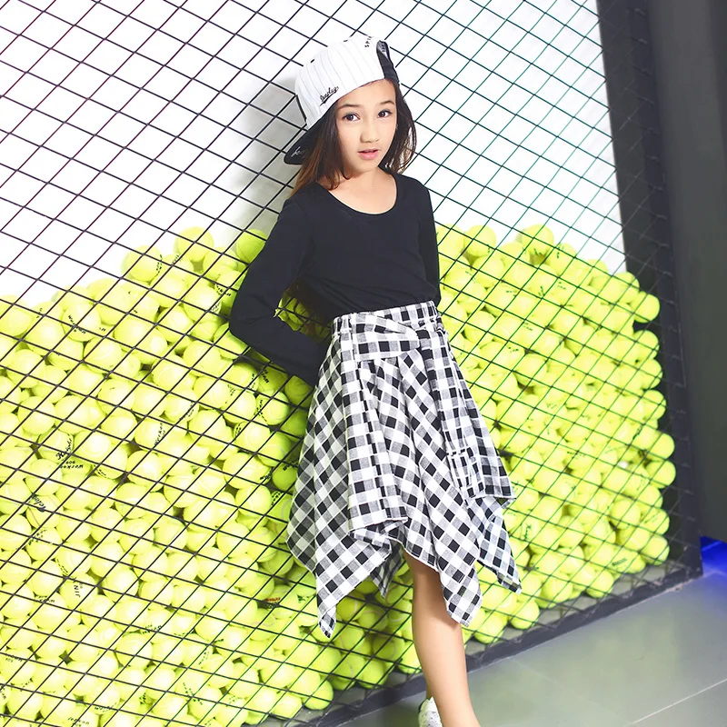 100% Хлопок Черный 2016 Осень Платье Street Style Платья Девушки Дети 10 Лет черно-Белый