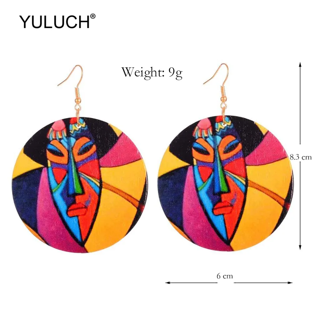 

YULUCH Модные женские круглые деревянные разноцветные окрашенные Женские Висячие серьги Этническая африканская живопись женские подвесные С...