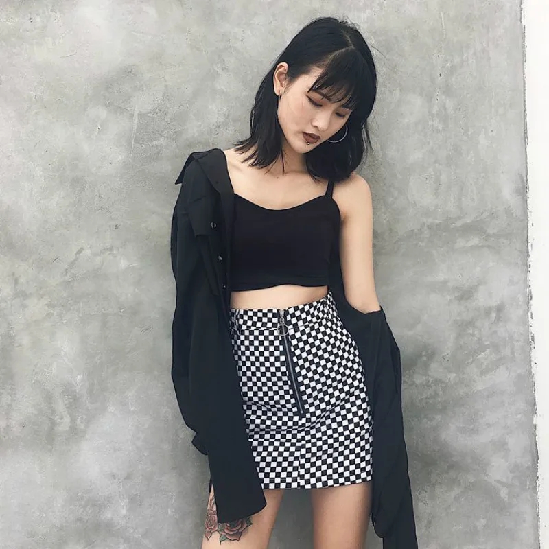 

New Fashion Women Skirt Harajuku Style Black and White Plaid Skirt Women Retro Cotton Loose High Waist Zipper Bag Hip Skirt