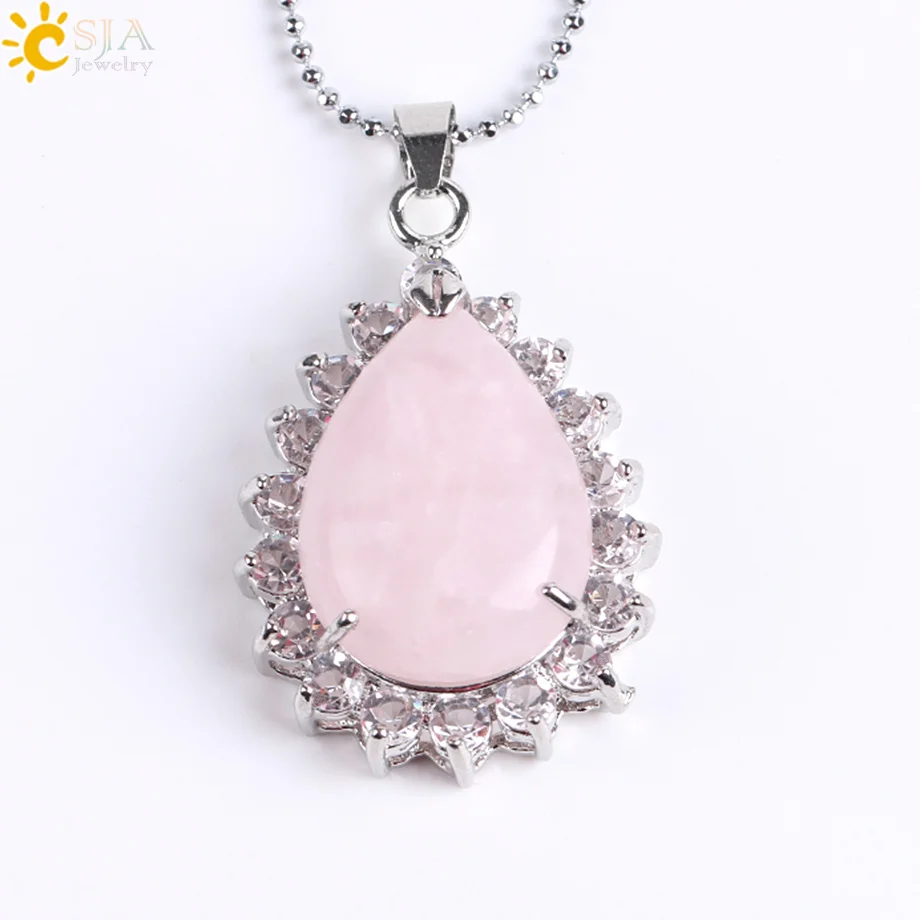 Rose Quartz Chain CSJA рейки натуральный драгоценный камень капли воды ожерелье Подвески фиолетовый розовый кварц Лазурит тигровый глаз опал Стразы ювелирные изделия E829 - Окраска металла: Rose Quartz Chain