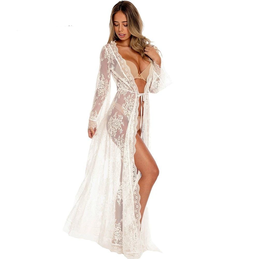 Bsubseach White Embroidery Lace Kimono Cardigan Long Sleeve Bathing Suit Cover Up Playa De La Mujer Elegant Robe Feminino |