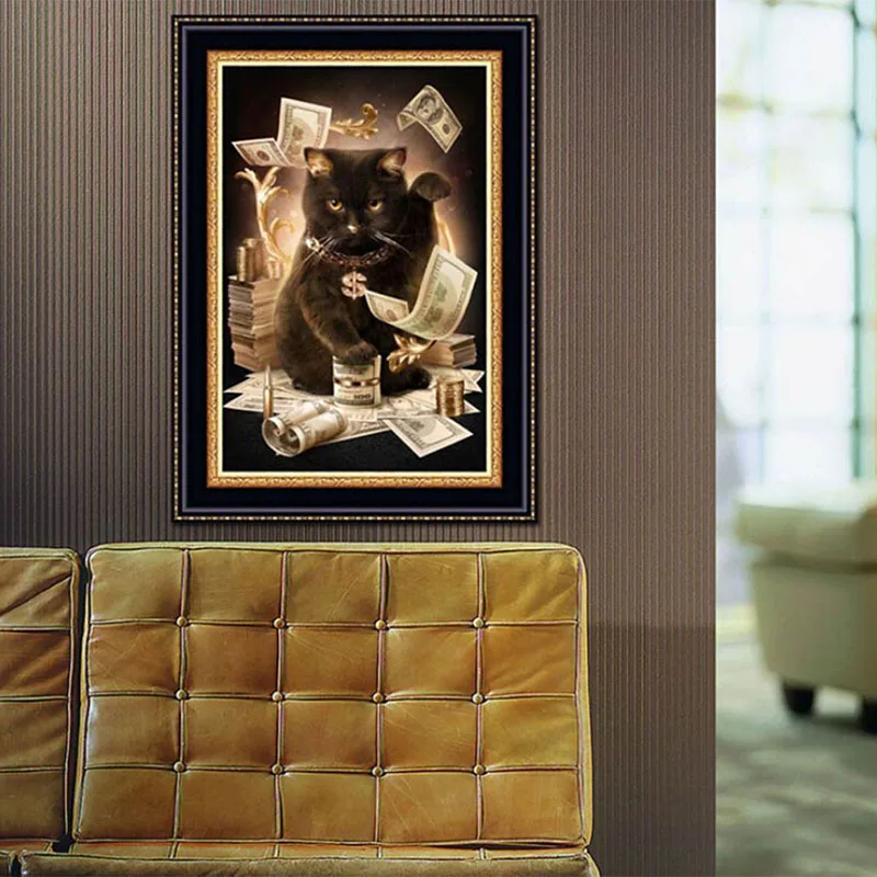 Креативная мозаичная картина вышивка крестиком черная кошечка денежная с