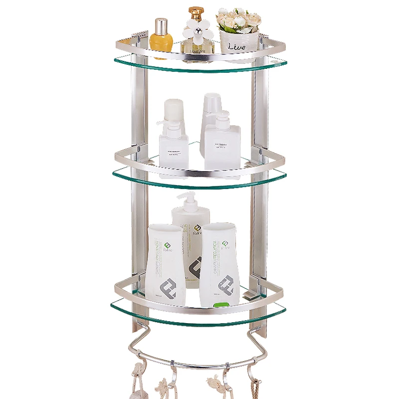 

Bathroom frame tempered glass tripod three-layer space aluminum perforated bathroom towel storage shelf corner frame LO5151114