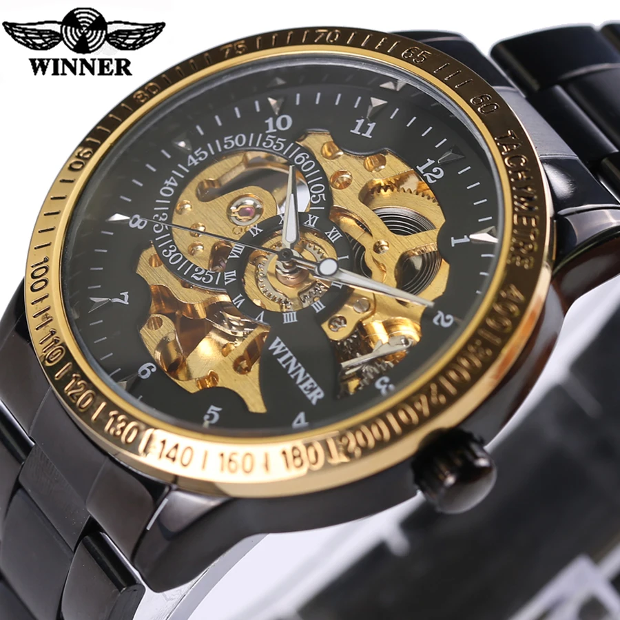Новинка 2018 мужские наручные часы-скелетоны черного и золотого цвета