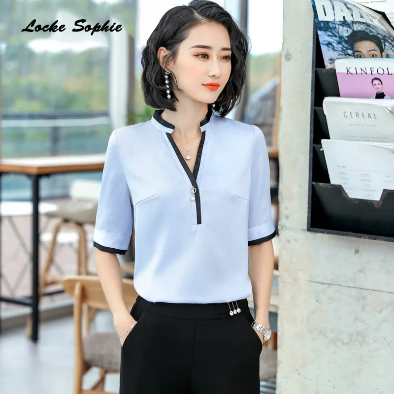 1pcs Ladies Plus size Slim fit blouses tops 2019 Summer Fashion cotton blend Splicing V-neck Primer shirts women's Skinny |