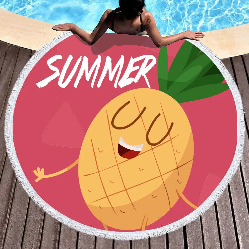 Летнее пляжное полотенце большое круглое красивое с фруктами спортивный