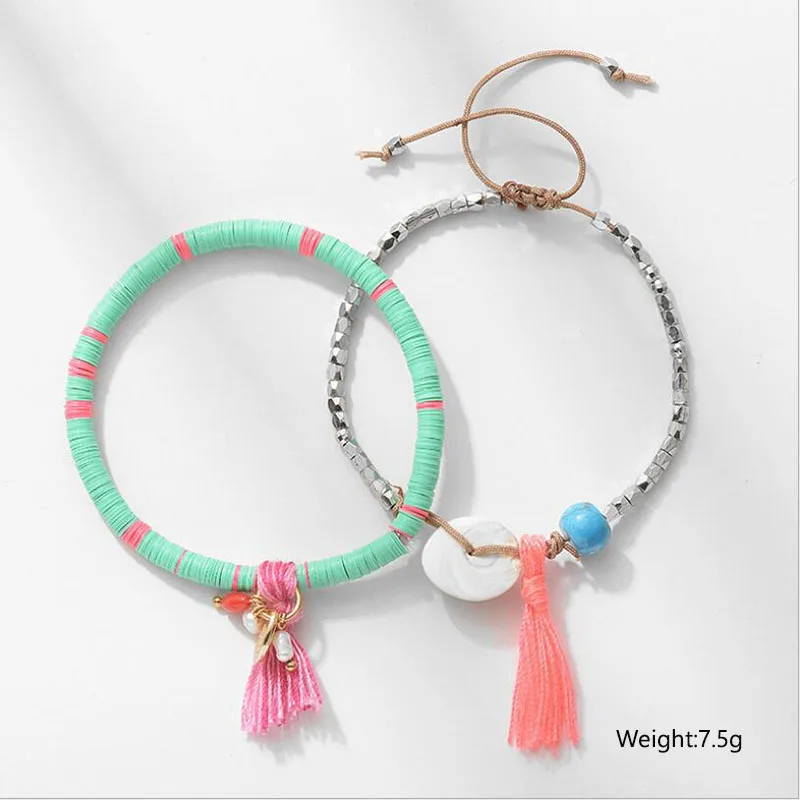 Amaiyllis 2 Pieces/Set Tassel Beads Round Coin Disc Charms Bracelet Bangle For Women Gift Bohemia Strand | Украшения и аксессуары