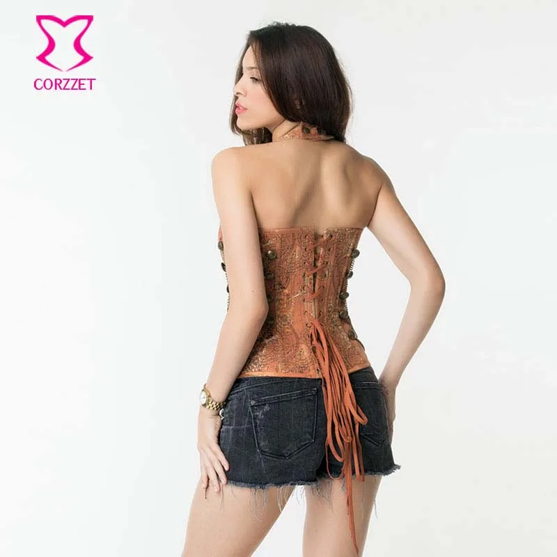 

Corzzet Corset Sexy Halter Denim Brocade Steampunk Overbust Corsets And Bustiers Lace Up Push To Waist Slimming Gothic Korse