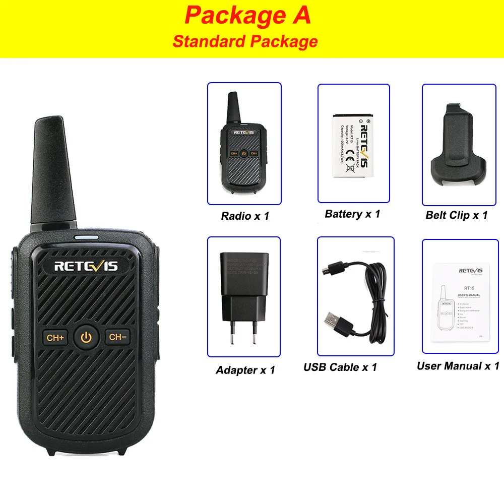 PackageA Retevis RT15 Мини Портативная рация 2 Вт UHF 400-470 МГц 16CH CTCSS/DCS TOT VOX сканирование двухстороннее радио коммуникатор - Цвет: PackageA