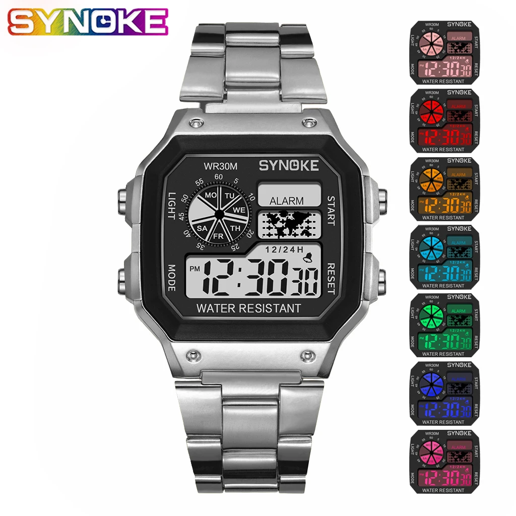 9028 silver SYNOKE цифровые часы студенческие мужские красочные светящиеся светодиодный из нержавеющей стали многофункциональные модные золотые серебряные электронные часы - Цвет: 9028 silver