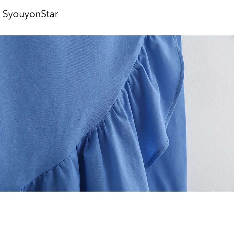 Женская трапециевидная юбка youyonstar синяя повседневная миди с оборками лето 2019 |