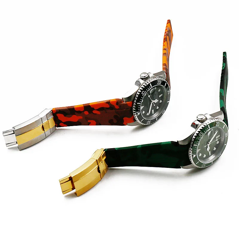Camouflage rubber strap men's folding buckle watch accessories for Rolex water ghost Di Tong take 20mm waterproof silicone strap