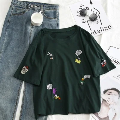 dark green Kawaii Bunny вышивка корейский Харадзюку короткий рукав Футболка сараинг Стиль Круглый вырез половина рукав дикая женская футболка Топ - Цвет: dark green