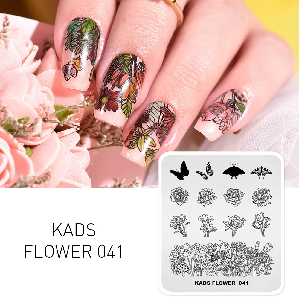 KADS цветок 041 Nail Art стемпинг изображение пластина и бабочка многослойный