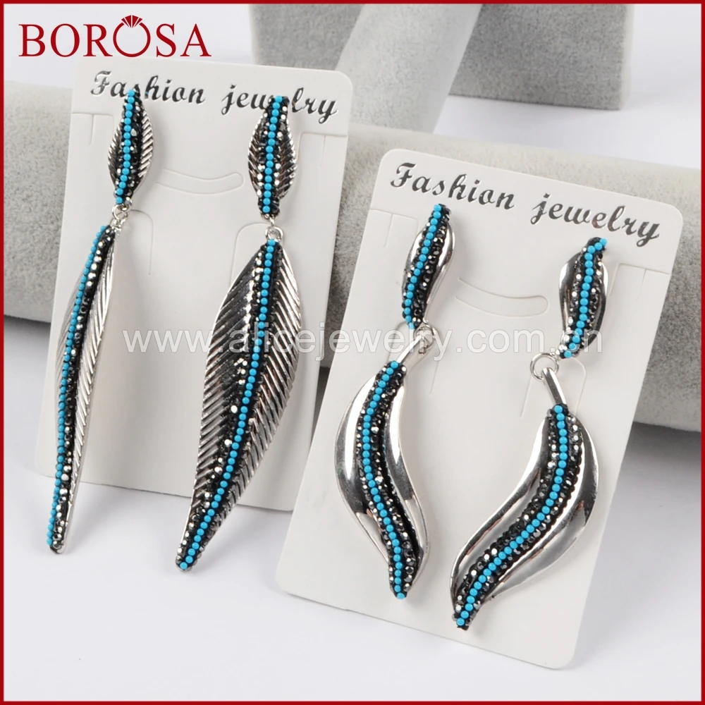 

BOROSA Silver Color Long Leaves Dangle Earrings Rhinestone Gems With Blue Zircon Bead Paved Drop Earrings Women Jewelry JAB776