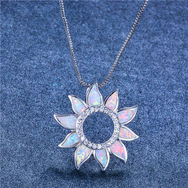 Silver White Opal Милый Бохо женский большой кулон Подсолнечник ожерелье s Белый Синий огненный опал ожерелье 925 пробы Серебряная цепочка Ожерелье s для женщин - Окраска металла: Silver White Opal