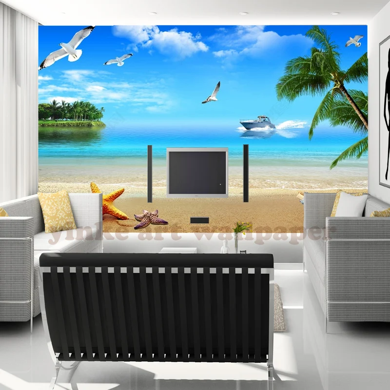 Фотообои на заказ 3d фрески морской берег санспляж кокосовое дерево птица