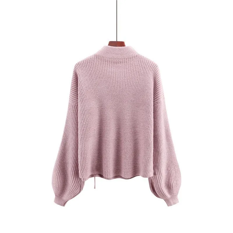 V-neck Woman Autumn Winter Pullovers 2018 Cross Strap Lantern Sleeve Lady Pink Knitted Sweater Cashmere Turtleneck Befree | Женская