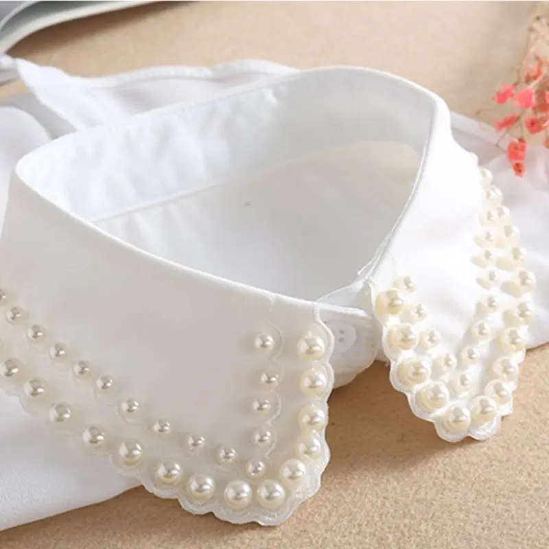Women New Fashion Pearl Chiffon Collar Shirt Fake Tie Vintage Detachable False Lapel Blouse Top Cloth |