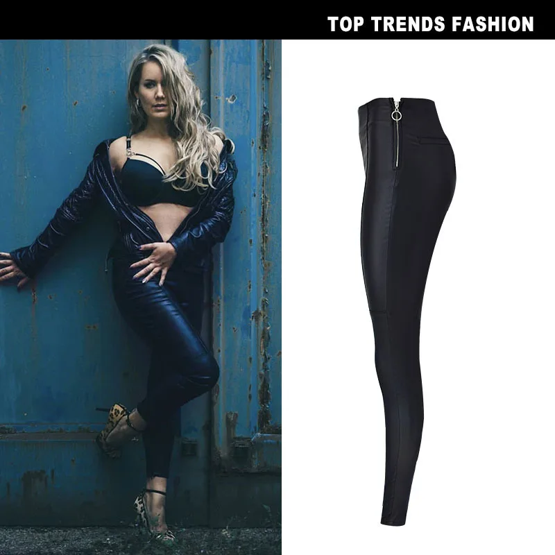 

Black Faux Leather Coated Jeans Leggings Sexy Women High Waist Denim Pants Cute Push Up Leggings Party Outfit Femme