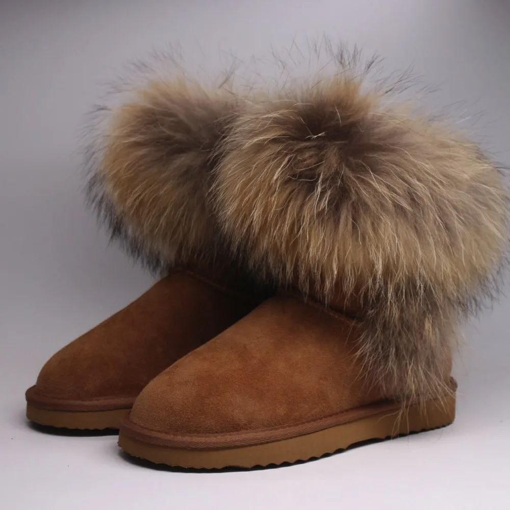 Модные зимние сапоги с мехом енота наивысшего качества женские из натуральной