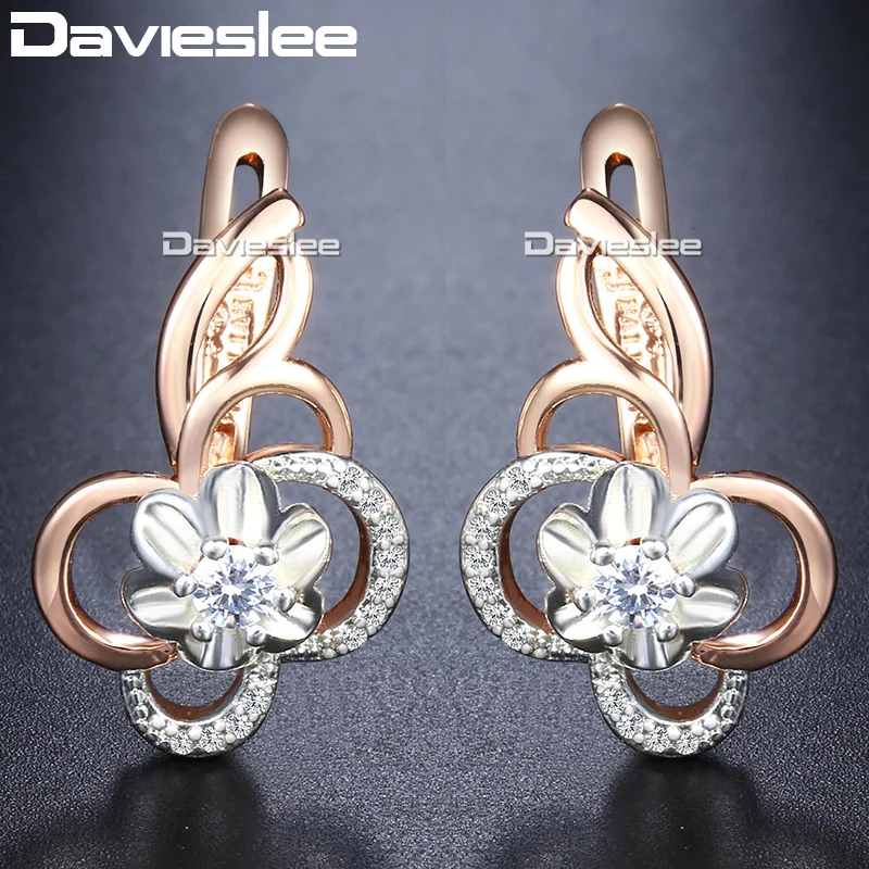 Серьги гвоздики Davieslee с белым цветком и фианитом для женщин 585 розовое золото