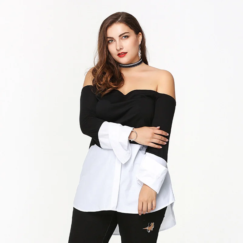 2019 черно белая строчка с открытыми плечами длинными рукавами плюс размер рубашка