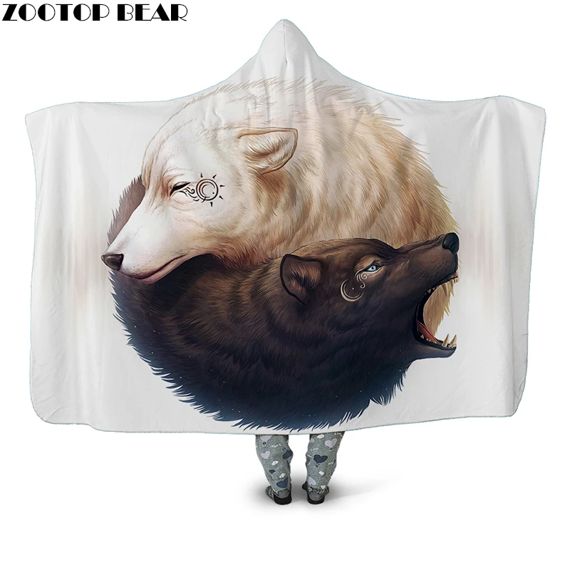 Плюшевое одеяло с капюшоном и 3D принтом Ying Yang Wolf для взрослых молодежи детское