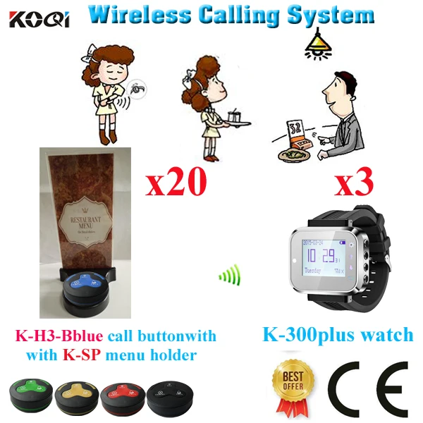 Wireless Waiter Call System For Restaurant Watch With Waterproof Button With Menu Holder DHL(3 watch+20 button+20 menu holder)