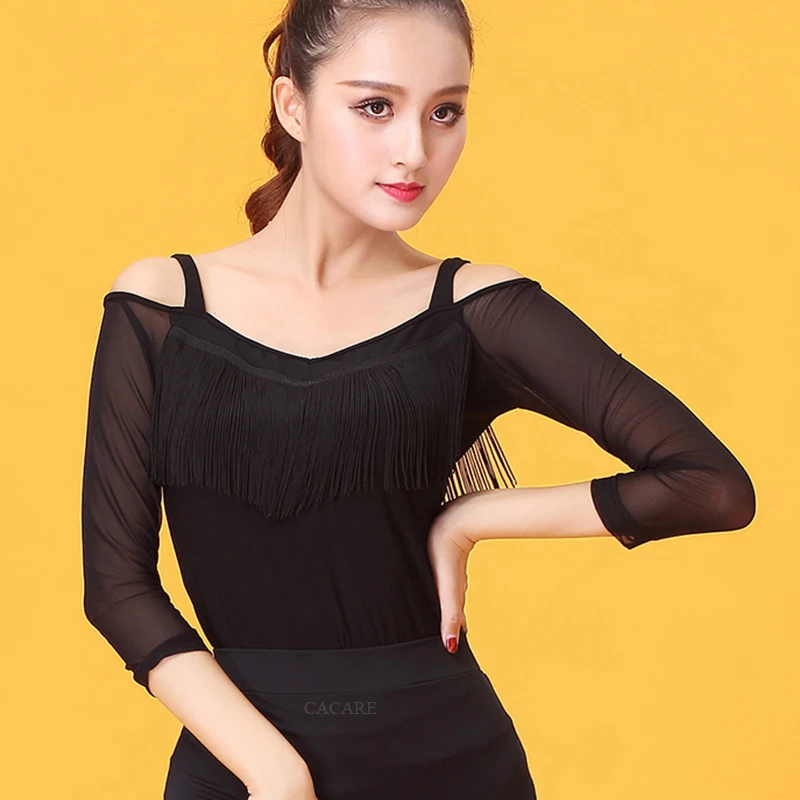 CACARE Latin Ballroom Dance Shirts Women Top for Tango Salsa Fringe Dancing Costume D0557 with Tassels | Тематическая одежда и