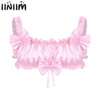 iiniim mens sissy lingerie exotic tanks smooth soft satin ruffled frilly elastic wide shoulder straps backless wire free bra top