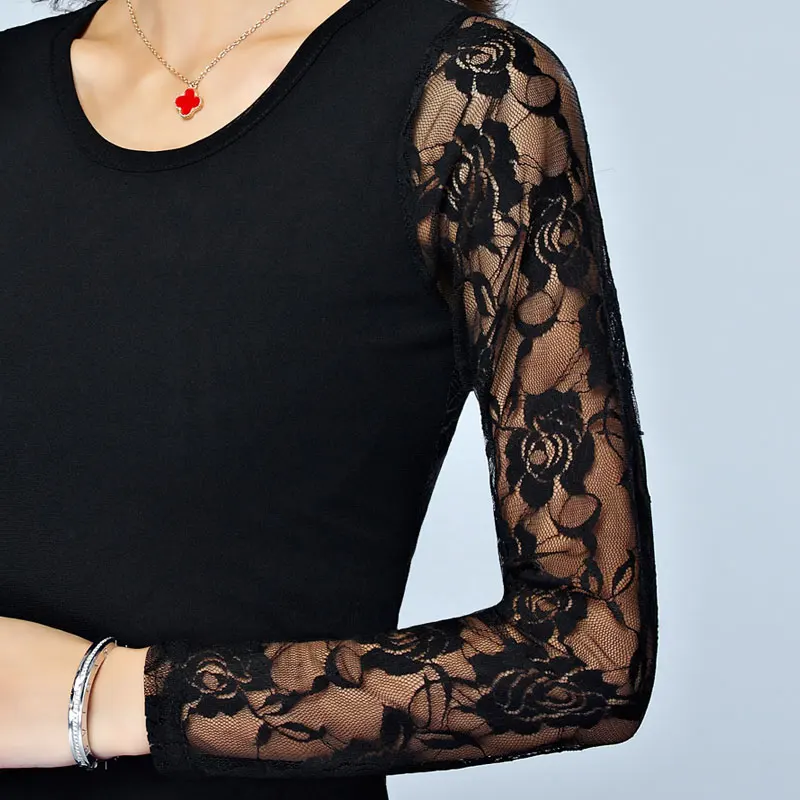 2018 Новая Осенняя Женская кружевная Базовая футболка модная плюс размер тонкая