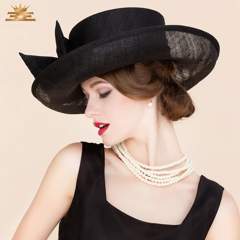 Летняя Свадебная черная льняная шляпа Федора для женщин платье с большим бантом