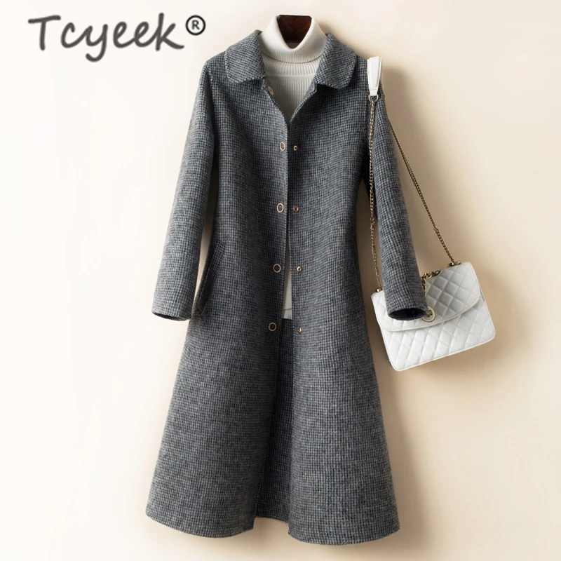 

Tcyeek Autumn Coat Women 100% Wool Coat Female Korean Plaid Slim Fit Woolen Jacket Ladies Long Cashmere Abrigo Mujer 2020 19054