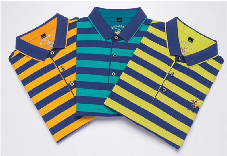 Мужская классическая деловая полосатая рубашка поло из хлопка с коротким