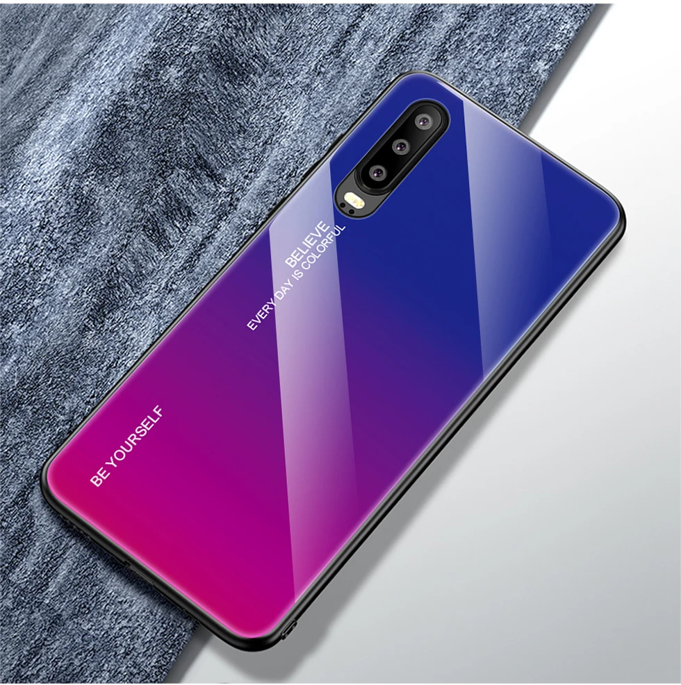 3D цветное закаленное стекло+ силиконовый чехол для huawei P20 P30 Pro Lite honor 9 Lite 10 P smart mate 10 20 Lite Pro Чехол для сотового телефона - Color: Purple to red