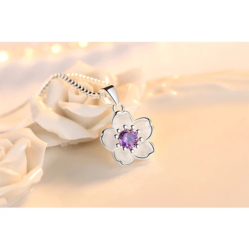 silver purple Лидер продаж, ожерелье с цветком вишни, серебряная цепочка, розовое фиолетовое ожерелье с подвеской из кристаллов, Ювелирное колье для женщин - Окраска металла: silver purple