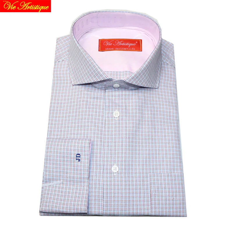 

male long sleeve casual dress shirts men's big plus size plaid shirt white checked cotton high quality tailored spread collar VA