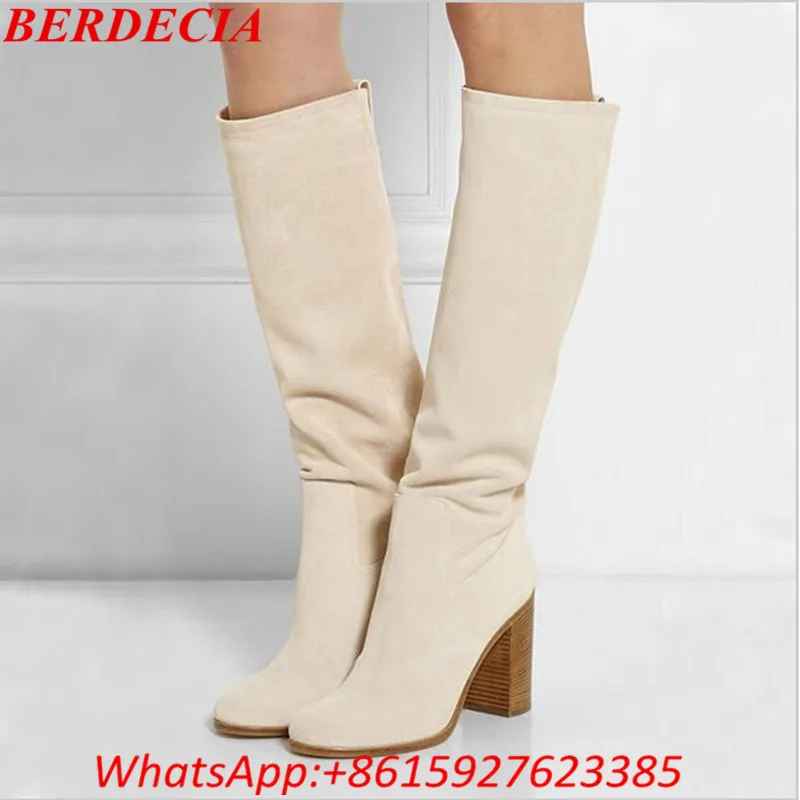 Марка Осень Зима Коренастый Пятки Женщин Сапоги Замшевые Кожаные Ботинки